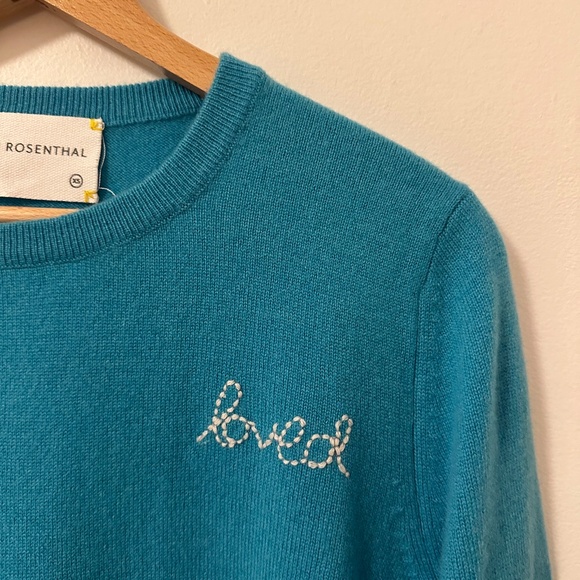 Kerri Rosenthal Patchwork Pullover in Turquoise with  "Love" Embroidery | XS - Picture 2 of 9